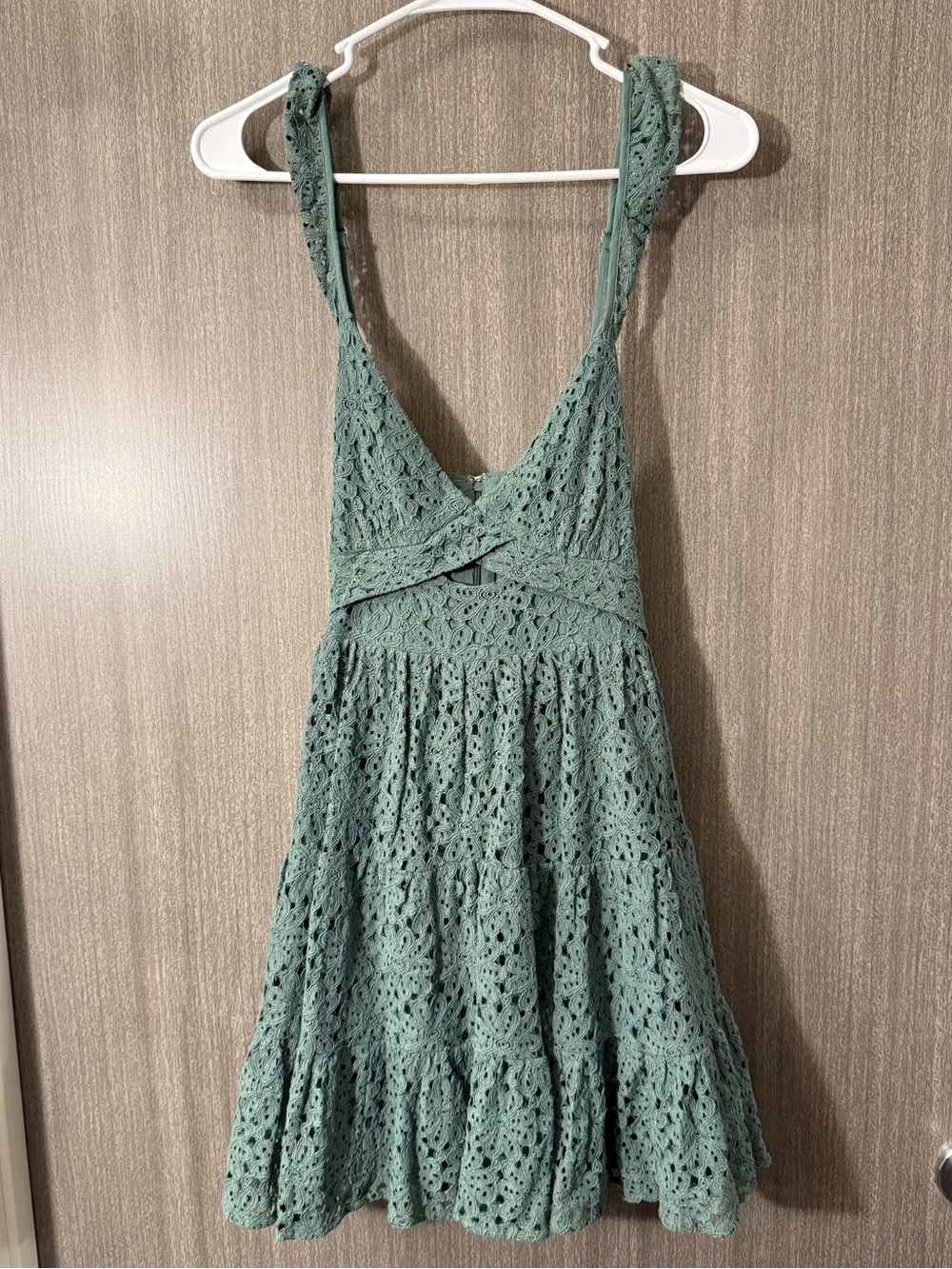Altar'd State Sage Green Crochet Tiered Mini Dress